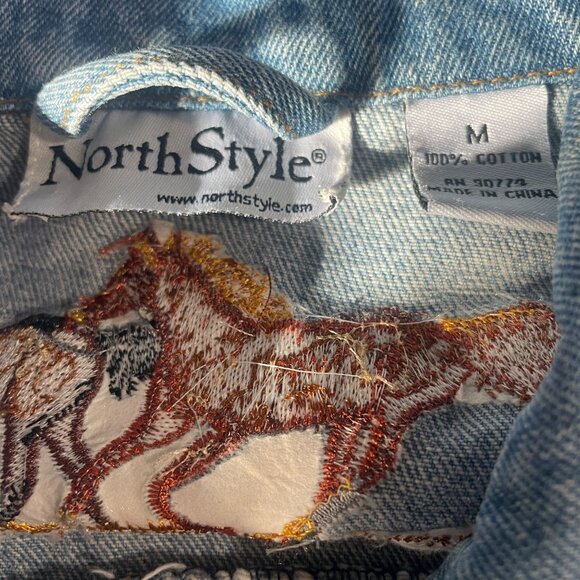 North Style M Embroidered Horse Denim Jacket Western Boho Cowboy Rodeo Y2K Retro - Picture 3 of 9